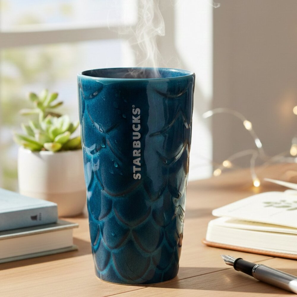 Starbucks 2017 Anniversary Blue Mermaid Siren Scales Ceramic Tumbler 10oz Travel